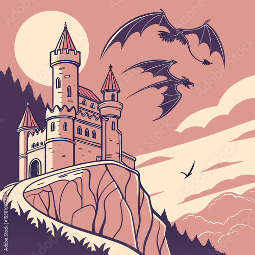 Illustration of a castle on a cliff with dragons flying in the sky under a large full moon light scene