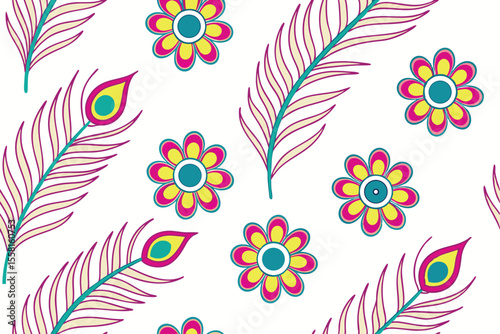 Abstract Seamless Pattern Colorful Flowers and Peacock Feathers