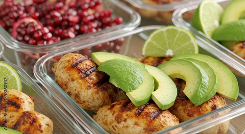 Freshly Grilled Chicken Patties with Avocado Slices and Pomegranate Seeds in Glass Containers for Healthy Meal Prep