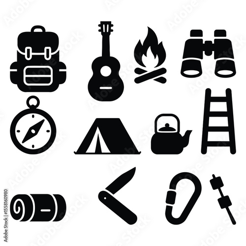 Collection of camping and outdoor adventure icons isolated on white background