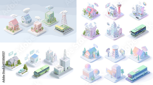 Smart city isometric pastel buildings with houses, stations, and towers, perfect for urban planning, technology concepts, and futuristic city infographics.

