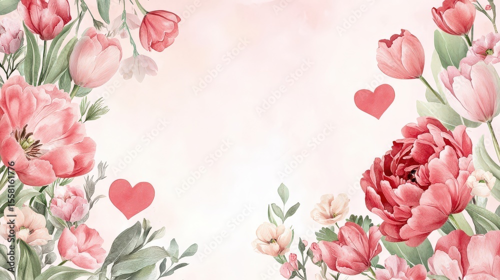 Charming floral Valentine banner with a garden of blooming peonies and tulips, entwined with he-shaped leaves and subtle pink tones Charming floral Valentine banner with a garden of blooming peonies and tulips, entwined with he-shaped leaves and subtle pink tones