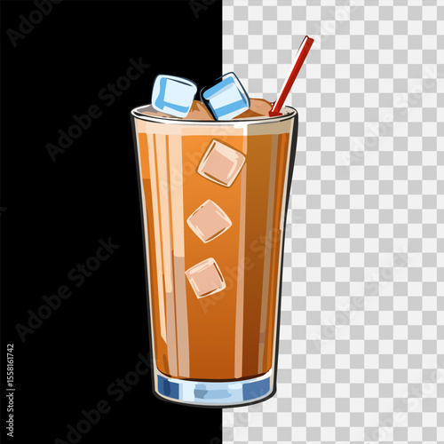 A tall glass of Thai iced tea with milk, orange hue, ice cubes, condensation on the glass, served with a straw on a bamboo table