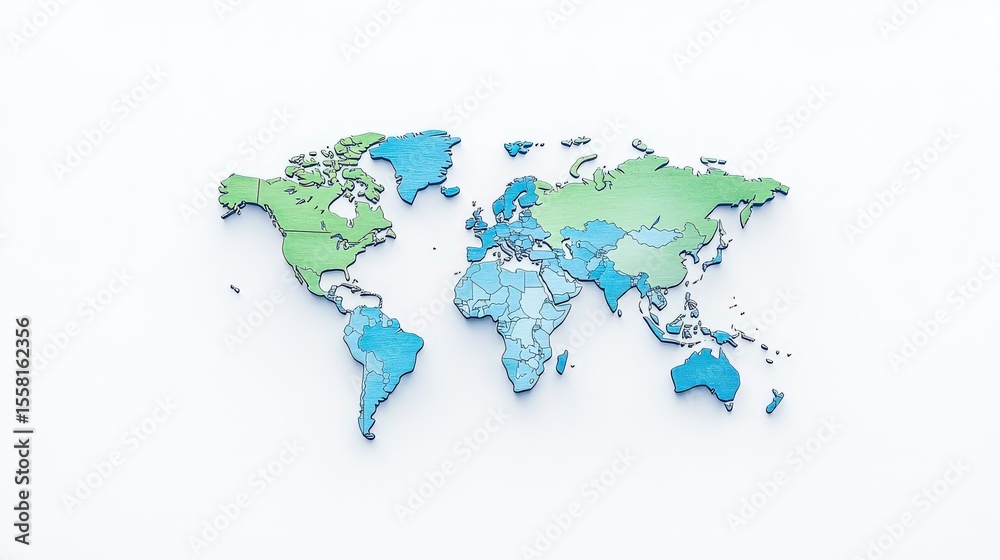 Obraz premium Clean top view image of a world atlas map showing detailed borders of all continents, isolated against a minimal white backdrop for clarity and focus