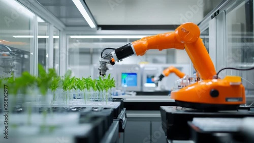 Robotic arm tending to plants in modern laboratory: precision agriculture technology in action