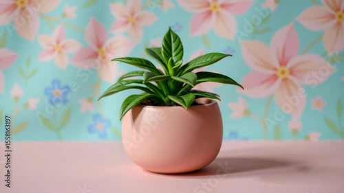 Wallpaper Mural A small green potted plant sits on a pastel surface with a floral patterned blue background. Torontodigital.ca
