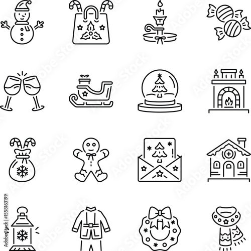 Set of Christmas Festive Linear Style Icons 