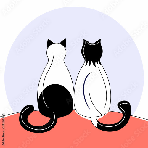 Adorable illustration of two stylized cats facing away from the viewer on a gradient background.