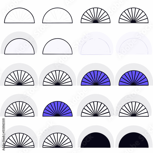 Abstract semicircle fan design elements in various stages of completion with transparency for versatile use