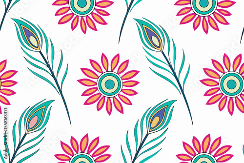 Abstract Seamless Pattern Colorful Flowers and Peacock Feathers