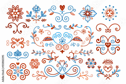 Decorative hand drawn floral and swirl elements in rustic red and blue colors for various design uses