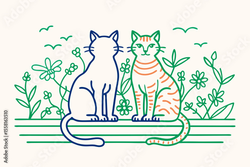 Whimsical illustration of two sitting cats among floral elements in a clean line art style
