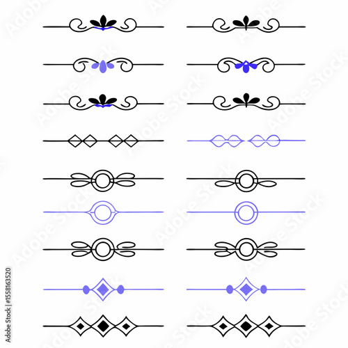Vector illustrations of ornamental dividers and decorative lines in black and blue design elements suitable for various design projects