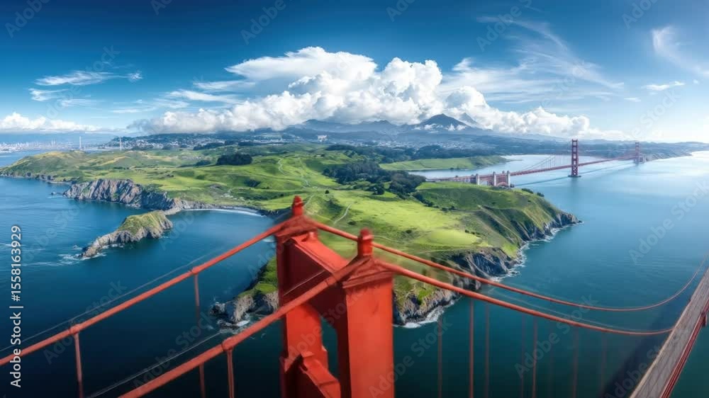 Panoramic view of the Golden Gate Bridge from above, showcasing surrounding landscape