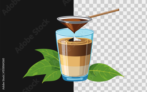Vietnamese iced coffee with condensed milk, dripping from a phin filter into a glass, rustic wooden table, moody lighting