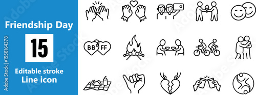Vector art of a collection of 15 friendship day icons features various line art illustrations depicting friendship themes such as hearts, handshakes, and friends spending time together	