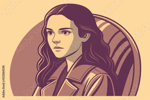 Portrait Illustration A Young Woman with Long Dark Hair Sitting in a Chair