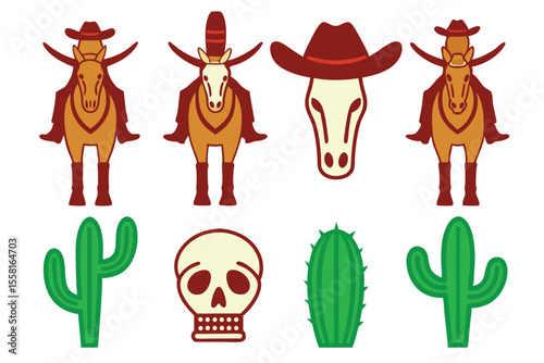 Western Themed Vector Illustration Set Cowboys, Horses, Cacti, and Skulls