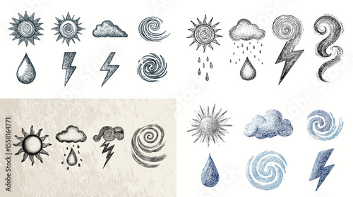 Artistic hand-drawn weather icons including sun, rain, lightning, clouds, and tornadoes in vintage sketch style, ideal for forecasts, apps, or education graphics.

