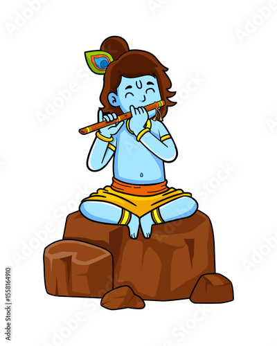 cute cartoon illustration of lord krishna playing flute