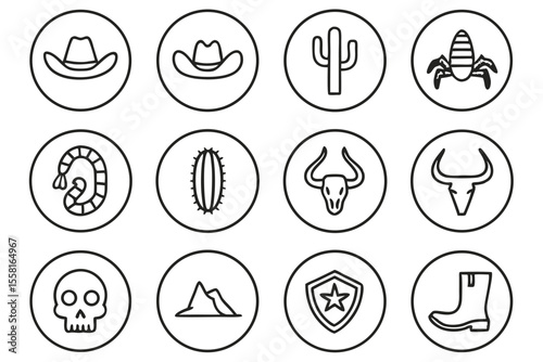 A Set of 12 Minimalist Western & Cowboy Themed Icons