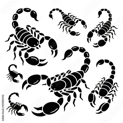 Scorpion vector editable in multiple dynamic positions, suitable for pattern designs, icons set, predator concept, and detailed wildlife illustration packs.