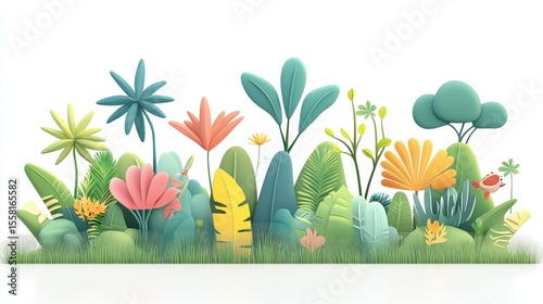 Gentle 3D clip art  jungle trees in froggy Amazon scene, drawn in calm tones with rounded leaves and soothing textures on white