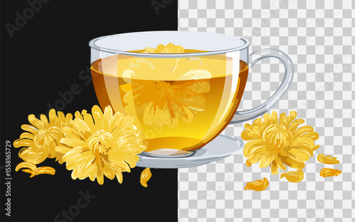 Chinese chrysanthemum tea in a transparent glass teacup, with dried flowers floating, soft natural lighting