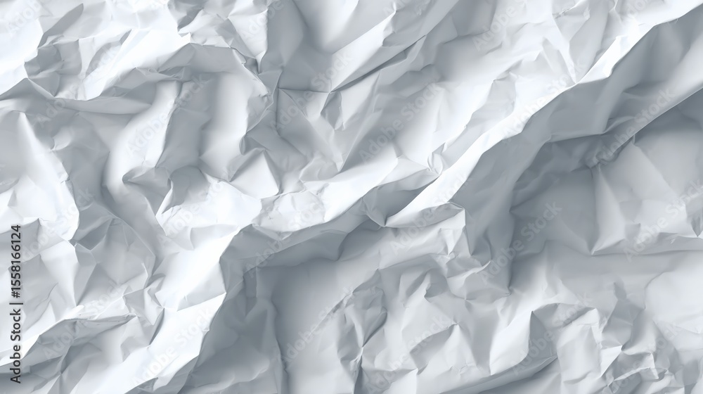 Obraz premium Crumpled white paper creating a textured abstract background with folds, creases, and shadows.