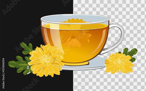 Chinese chrysanthemum tea in a transparent glass teacup, with dried flowers floating, soft natural lighting