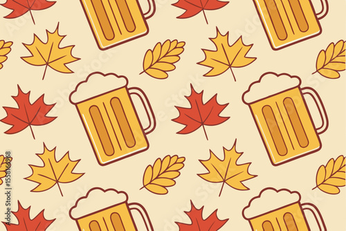 Autumn Leaves and Beer Mugs Seamless Pattern Warm Fall Vibes