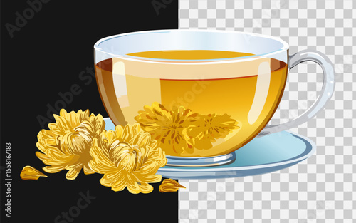 Chinese chrysanthemum tea in a transparent glass teacup, with dried flowers floating, soft natural lighting