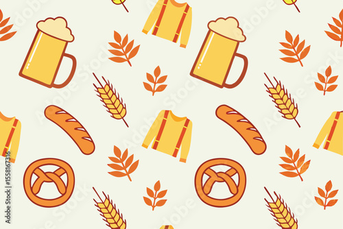 Oktoberfest Seamless Pattern Beer Stein, Beer Mug, Pretzel, Sausage, Lederhosen