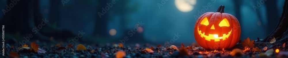 Fototapeta premium Ghostly face, pumpkin lantern, Halloween party backdrop, orange, spooky