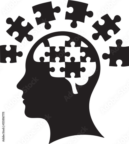 Human head profile with scattered puzzle pieces silhouette brain