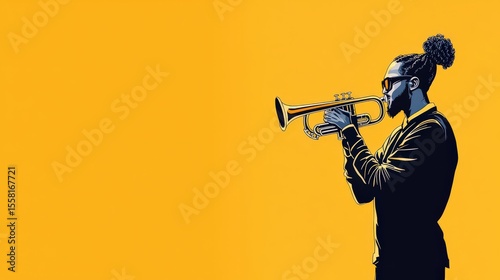Minimalist jazz trumpet player icon with bold, vivid colors and a clean silhouette, light orange background, whimsical music festival design
