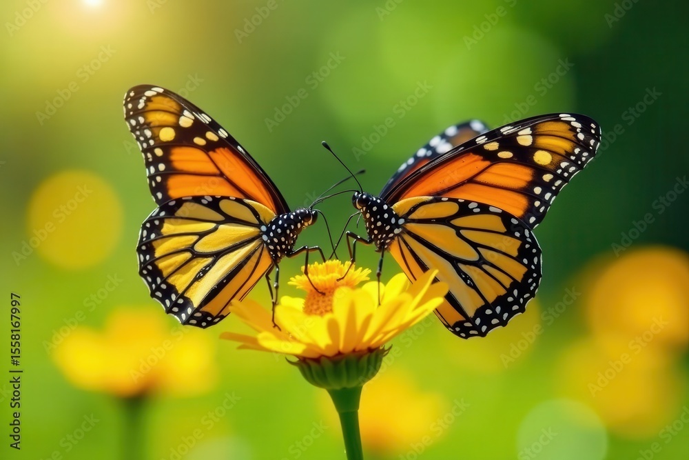 Naklejka premium Monarch butterflies nectaring on vibrant yellow wildflowers, sunny day , orange, wildflowers