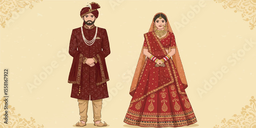Indian Wedding Couple, Elegant Vector Illustration in Traditional Attire