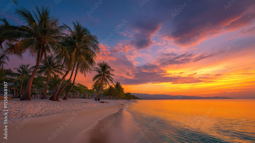 Fototapeta premium Tropical Sunset Paradise: A breathtaking sunset over a pristine beach, with palm trees silhouetted against a vibrant sky, evokes tranquility and serenity.