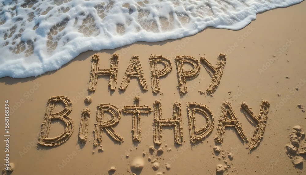 Fototapeta premium Happy Birthday written in the sand beach with ocean wave background. top view