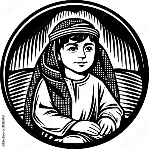 arab young boy portrait (linocut style)