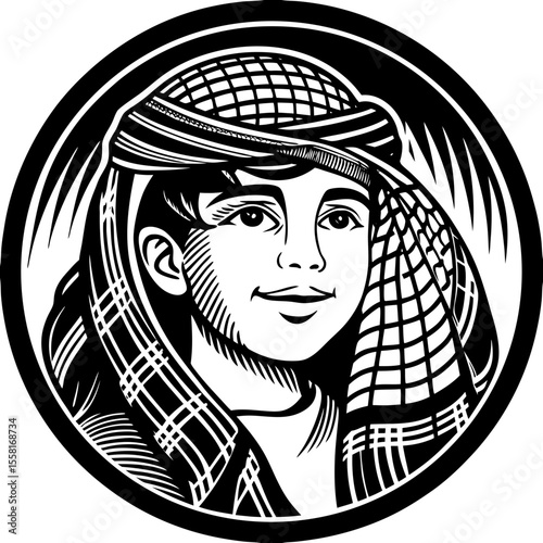 arab young boy portrait (linocut style)