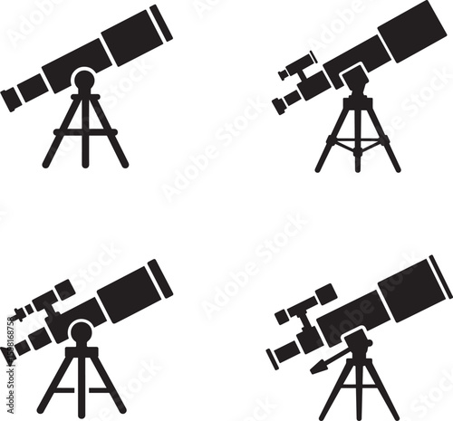 Set of four black silhouette icons of telescopes on tripods against a white background