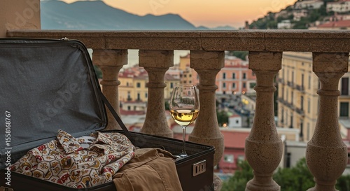Open suitcase with clothes and a glass of white wine on a balcony overlooking a sunset cityscape