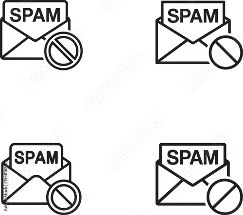 Set of four line art icons representing spam email with a prohibition symbol