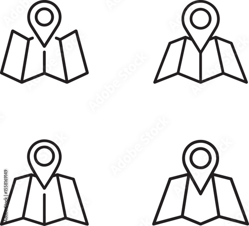 Set of four simple line art icons representing a folded map with a location pin