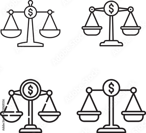 Four simple line art icons of scales of justice with dollar signs