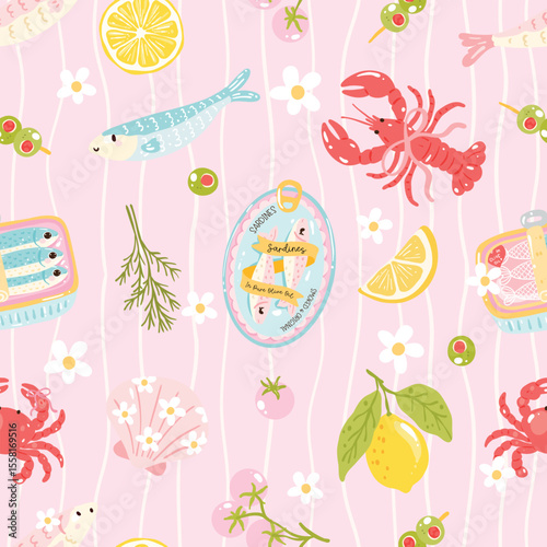 Cute Fisherman Seamless Pattern with Sardines, Lemon, Lobster, and Olives – Mediterranean Summer Design