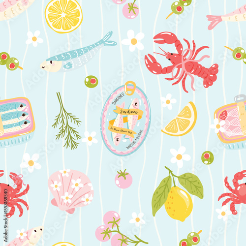 Cute Fisherman Seamless Pattern with Sardines, Lemon, Lobster, and Olives – Mediterranean Summer Design