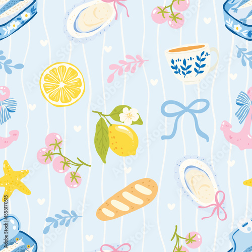 Coastal Kitchen Pattern with Lemon, Tea Cup, and Bread – Cute Nautical Seamless Background